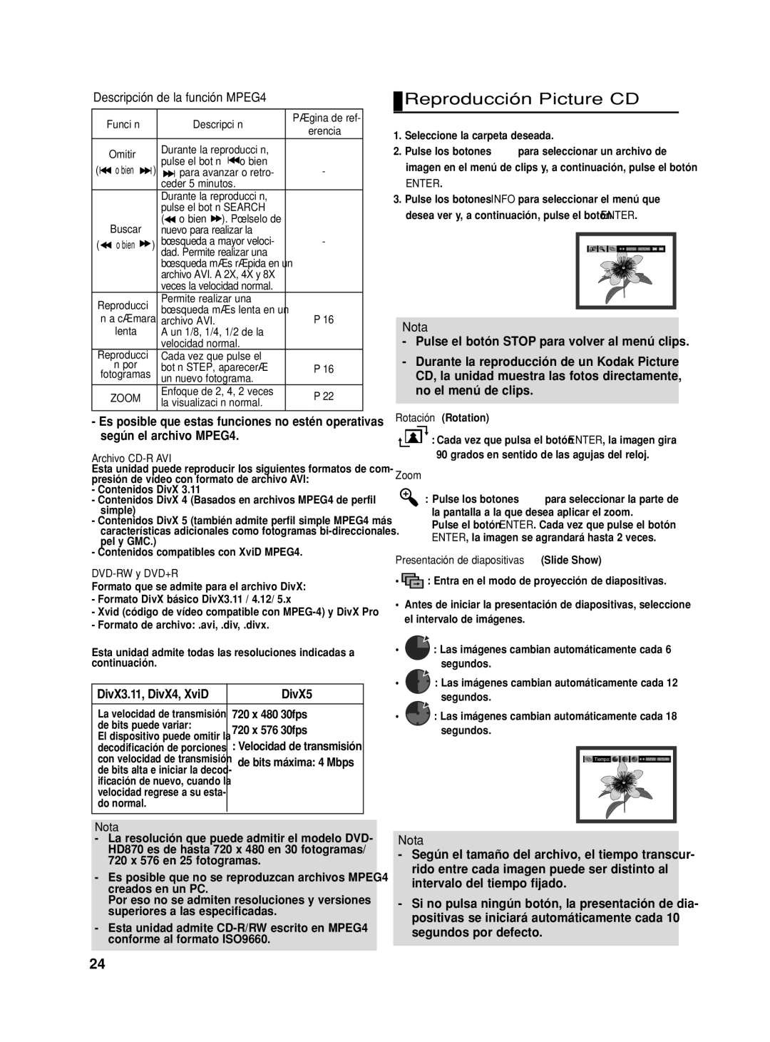 Samsung DVD-HD870/EUR manual Reproducción Picture CD, Descripción de la función MPEG4, Archivo CD-R AVI, DVD-RW y DVD+R 