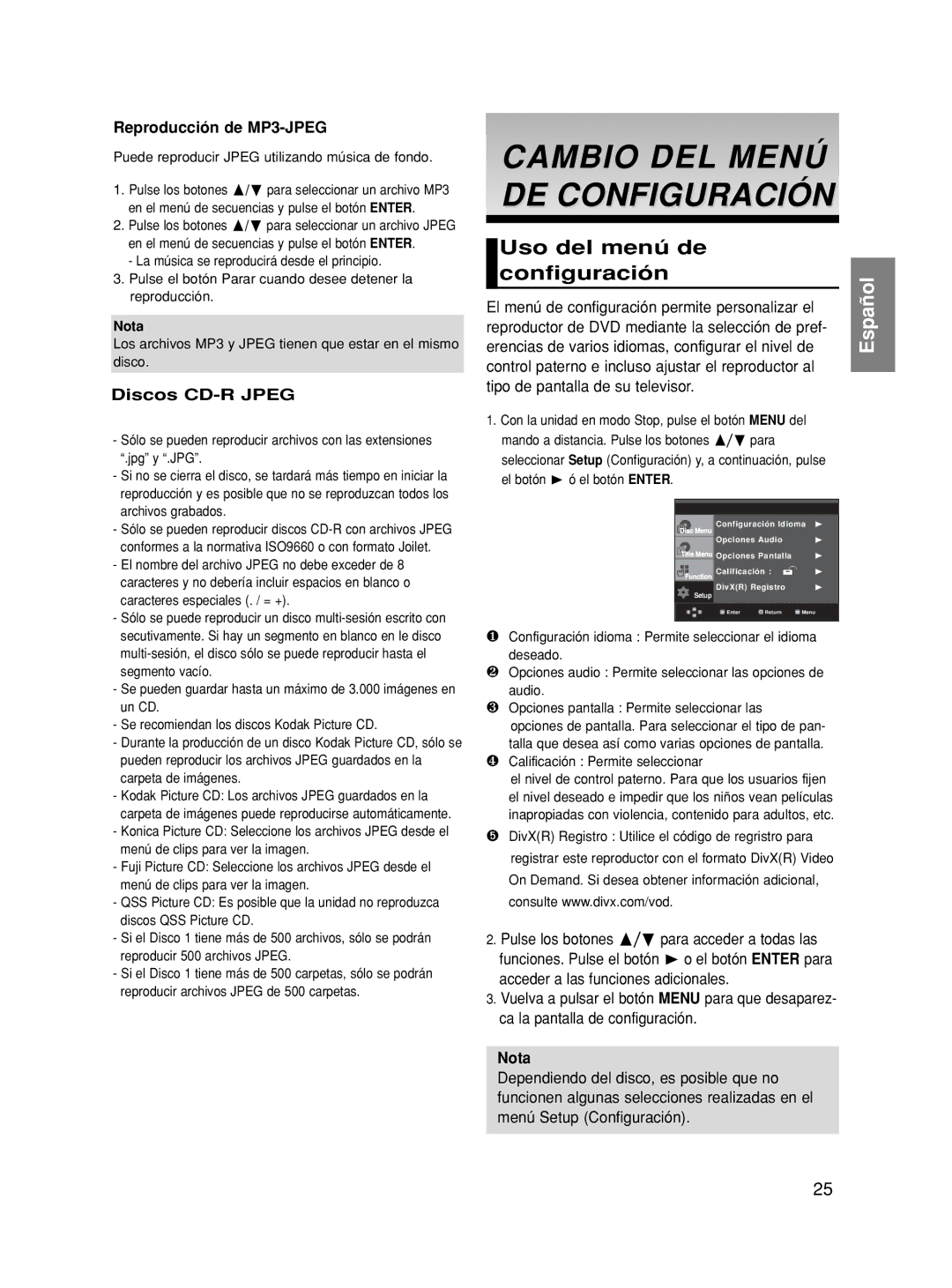 Samsung DVD-HD870/XEC manual Cambio DEL Menú DE Configuración, Uso del menú de configuración, Reproducción de MP3-JPEG 