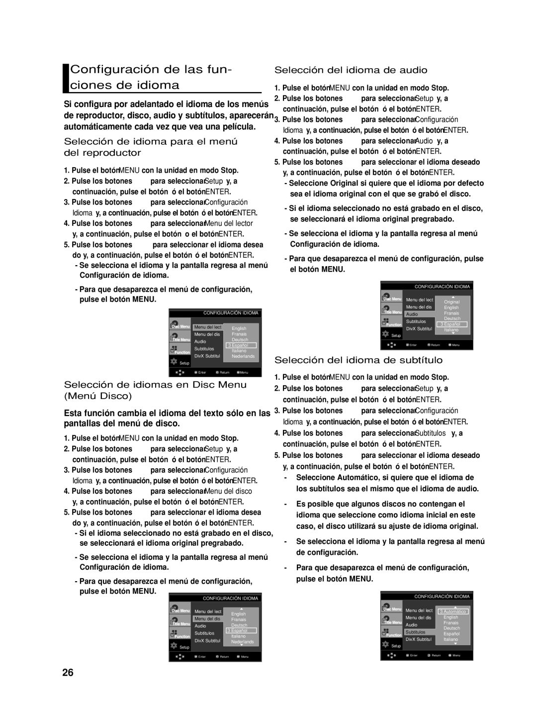 Samsung DVD-HD870/EUR manual Configuración de las fun- ciones de idioma, Selección de idioma para el menú del reproductor 