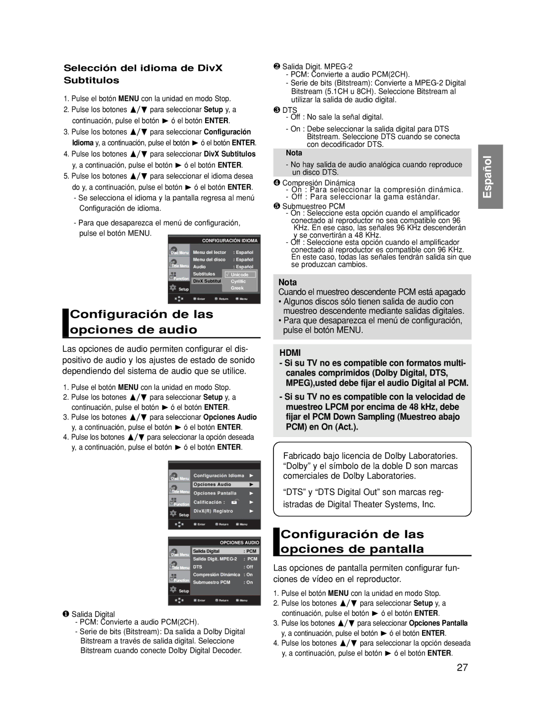 Samsung DVD-HD870/XEC, DVD-HD870/EUR Configuración de las opciones de audio, Configuración de las opciones de pantalla 