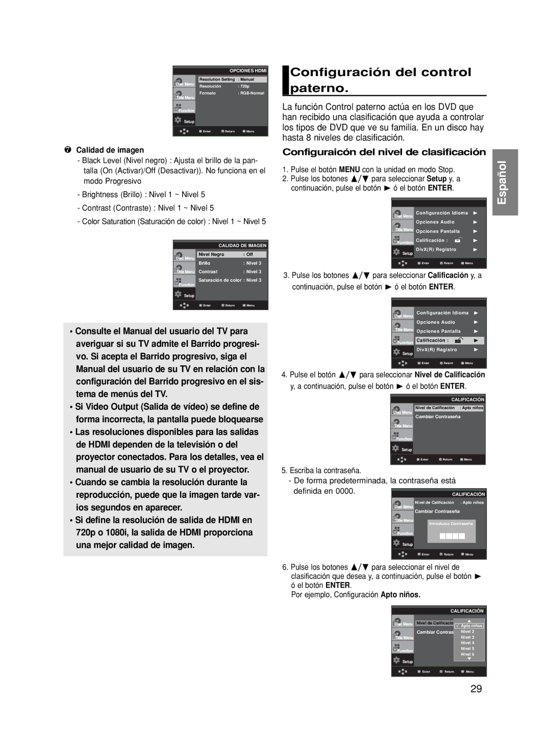 Samsung DVD-HD870/XEC Configuración del control paterno, Configuraicón del nivel de clasificación, ❼ Calidad de imagen 