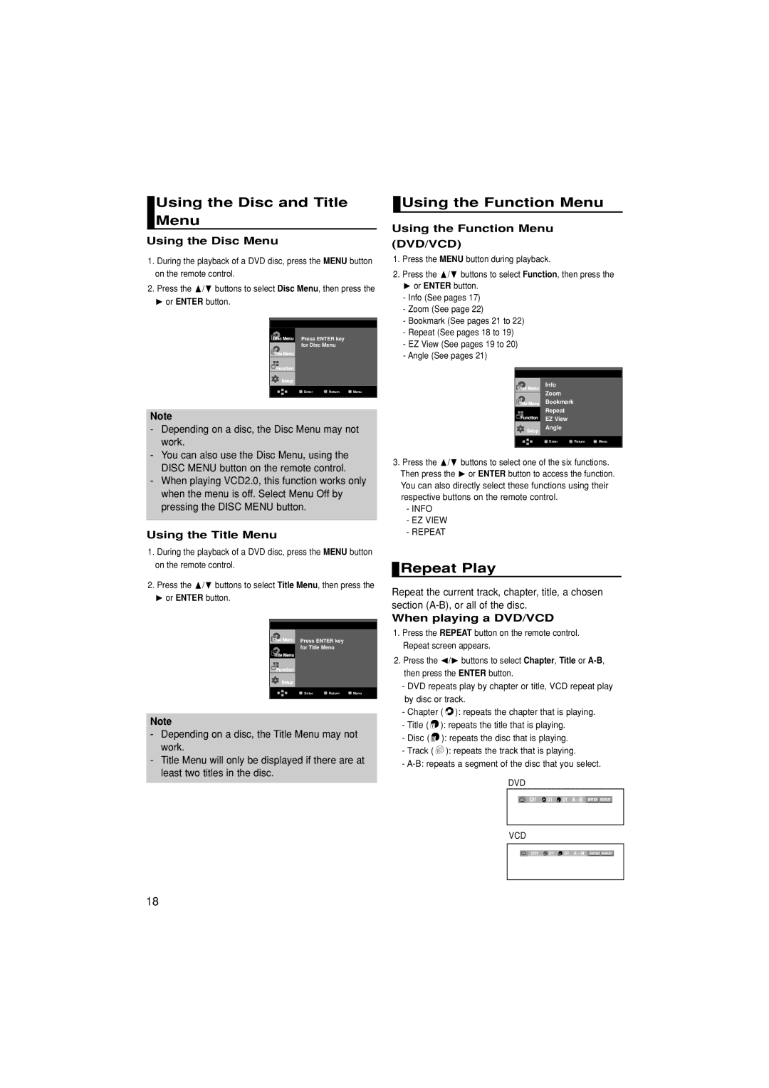 Samsung DVD-HD870/SAM manual Using the Disc and Title Menu, Using the Function Menu, Repeat Play 