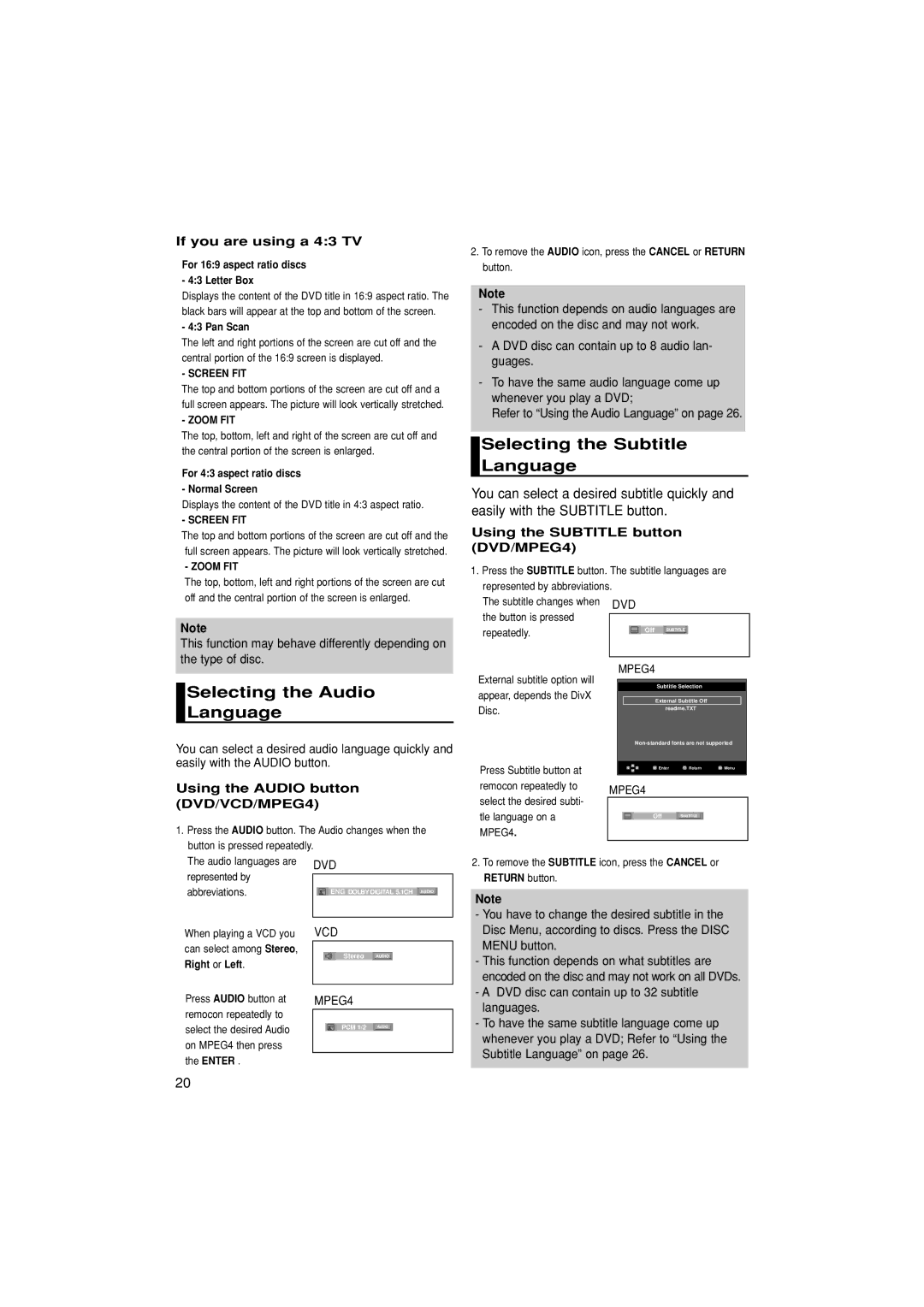 Samsung DVD-HD870/SAM manual Selecting the Audio Language, Selecting the Subtitle Language, If you are using a 43 TV 