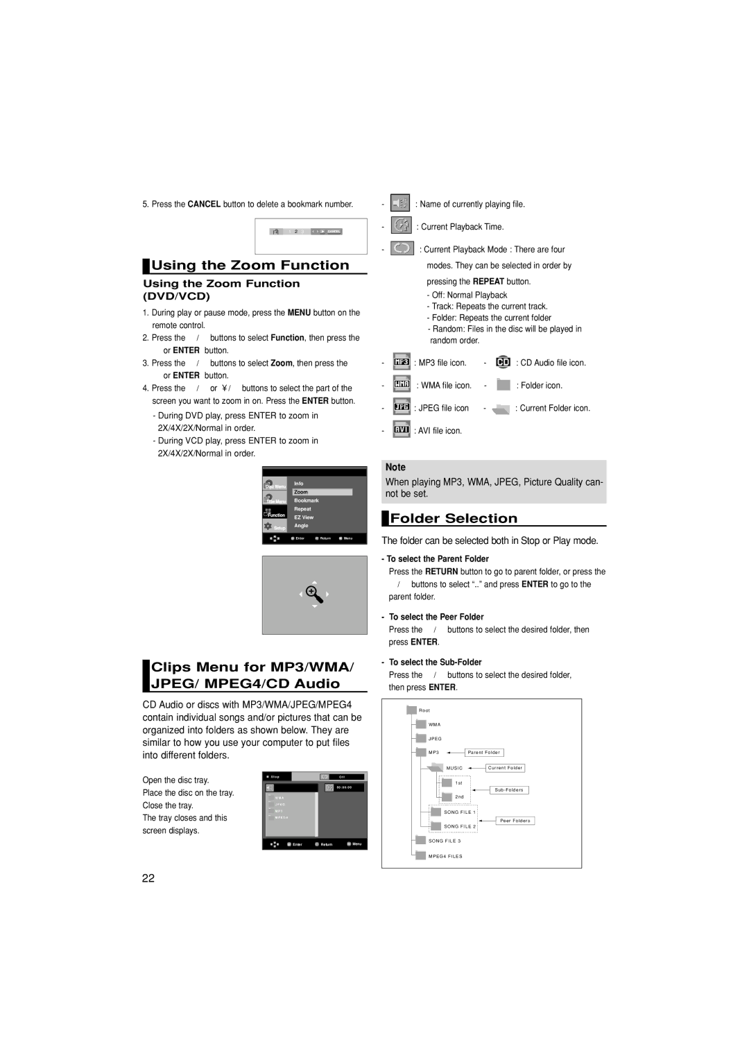 Samsung DVD-HD870/SAM manual Using the Zoom Function, Clips Menu for MP3/WMA/ JPEG/ MPEG4/CD Audio, Folder Selection 