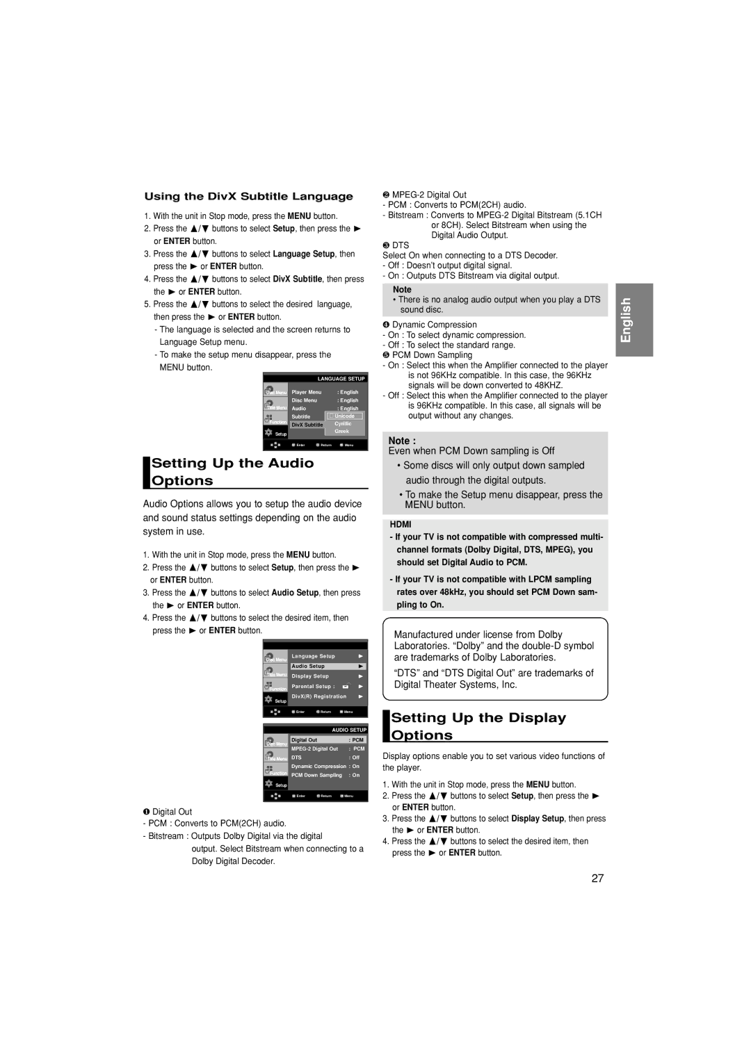 Samsung DVD-HD870/SAM manual Setting Up the Audio Options, Setting Up the Display Options, Using the DivX Subtitle Language 