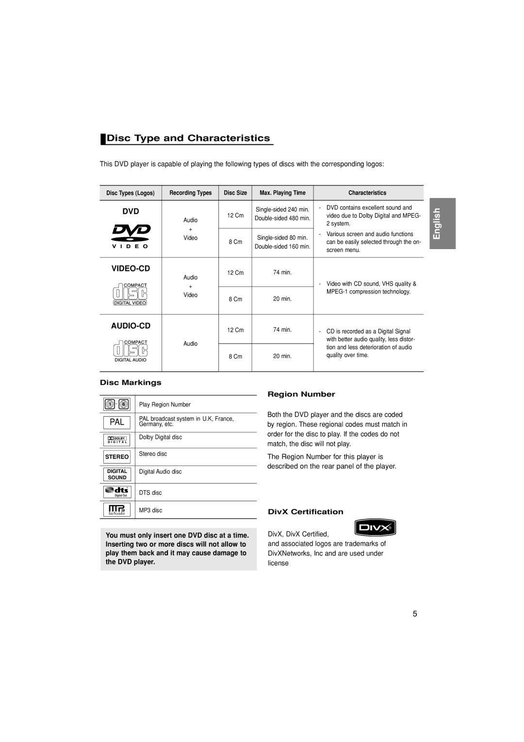 Samsung DVD-HD870/SAM manual Disc Type and Characteristics, Disc Markings, DivX Certification 