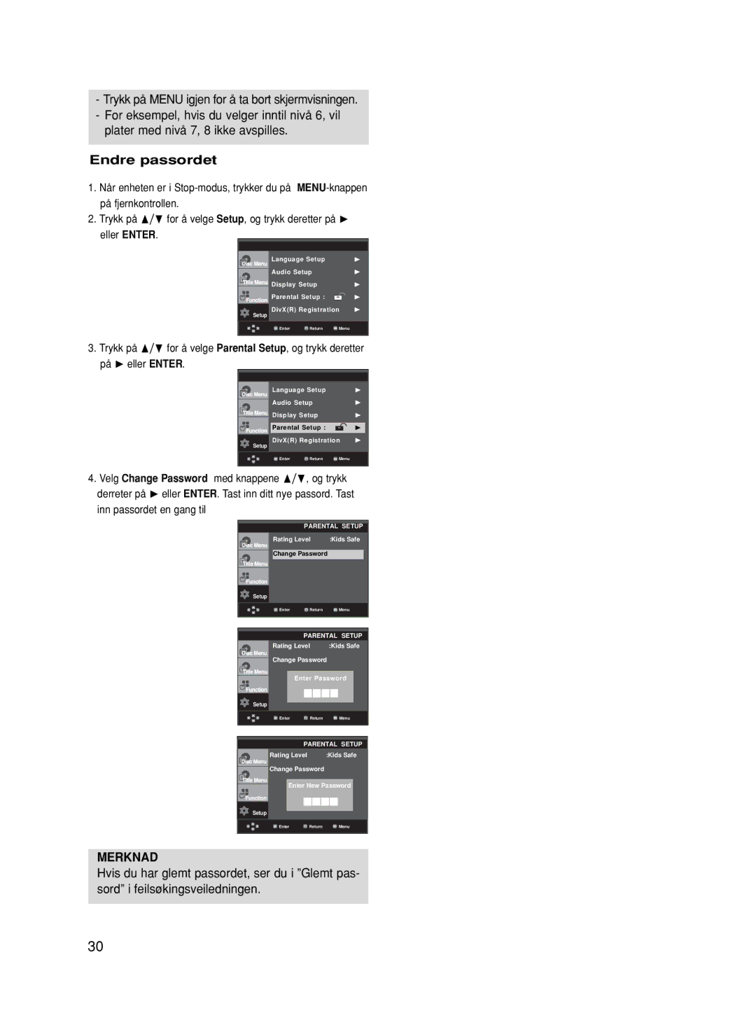 Samsung DVD-HD870/XEE manual Endre passordet, Merknad 