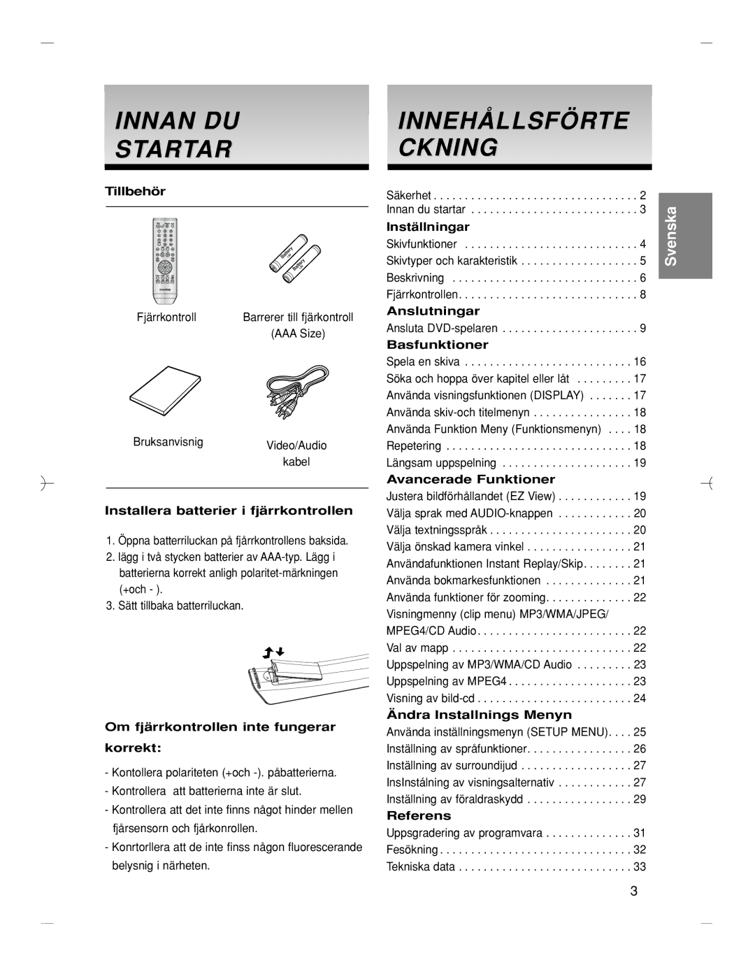 Samsung DVD-HD870/XEE manual Innan DU Startar, Innehållsförte Ckning 