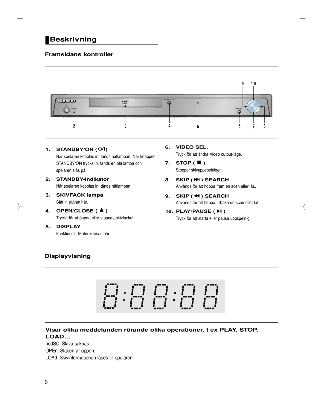 Samsung DVD-HD870/XEE manual Beskrivning, Framsidans kontroller, Skivfack lampa Sätt in skivan här OPEN/CLOSE, Skip Search 