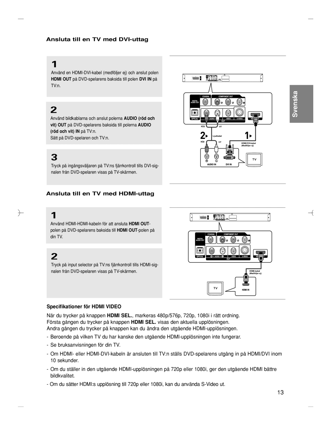 Samsung DVD-HD870/XEE Ansluta till en TV med DVI-uttag, Ansluta till en TV med HDMI-uttag, Specifikationer för Hdmi Video 