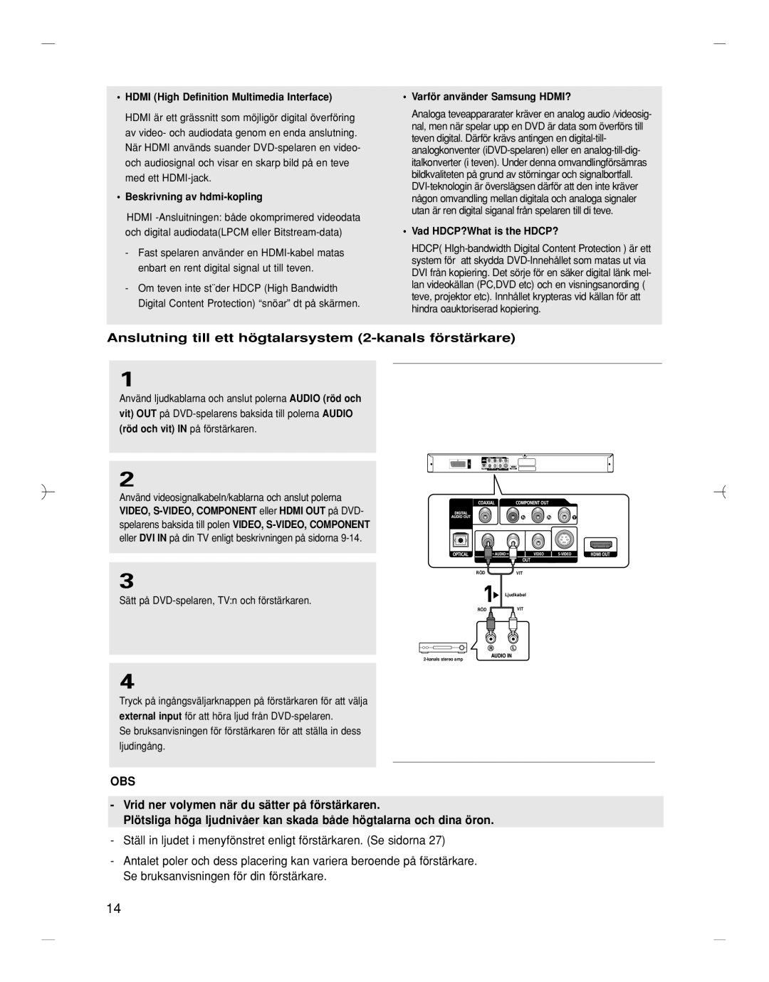 Samsung DVD-HD870/XEE manual Anslutning till ett högtalarsystem 2-kanals förstärkare, Beskrivning av hdmi-kopling 