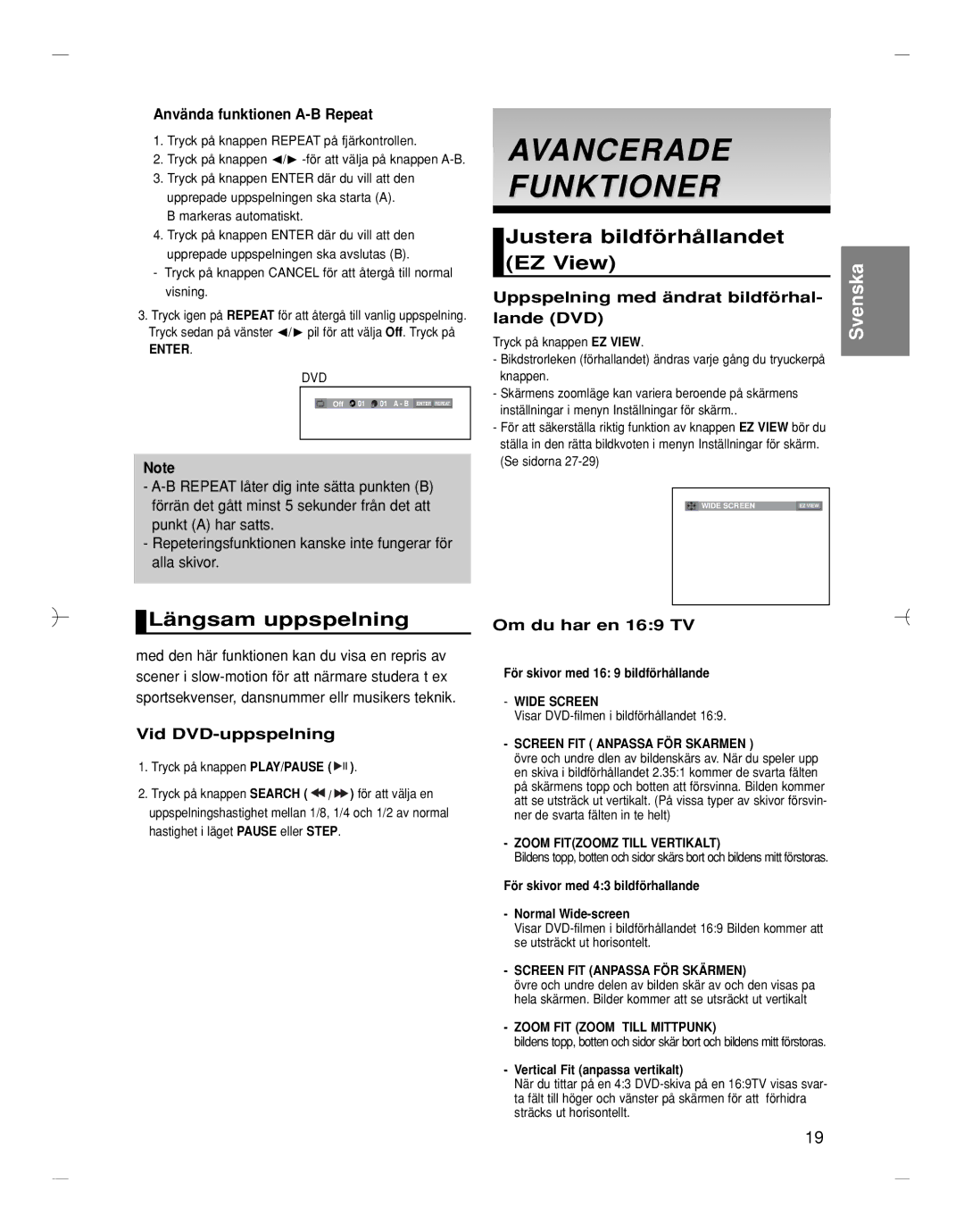 Samsung DVD-HD870/XEE manual Avancerade Funktioner, Längsam uppspelning, Justera bildförhållandet EZ View 