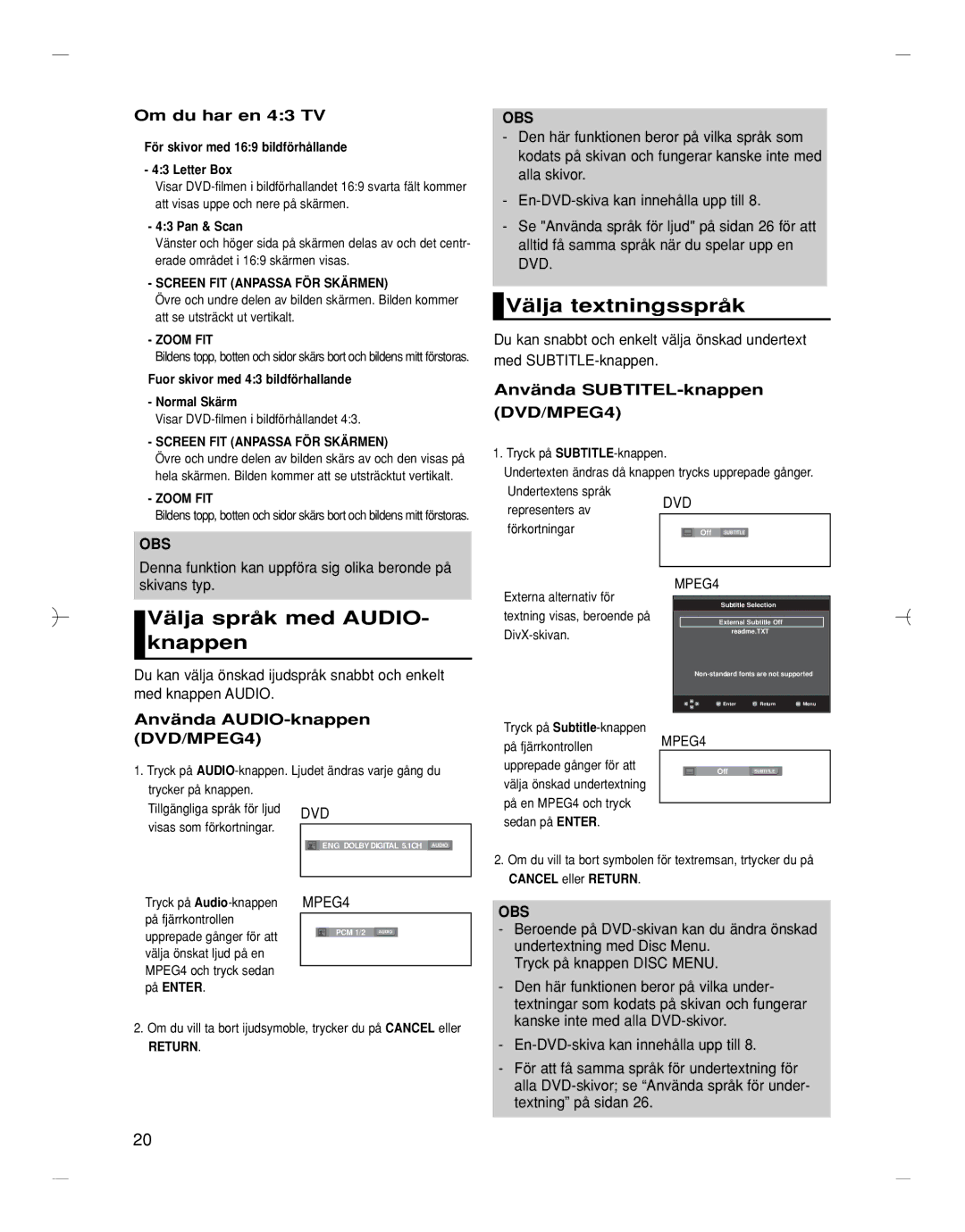 Samsung DVD-HD870/XEE manual Välja språk med AUDIO- knappen, Välja textningsspråk, DVD/MPEG4 