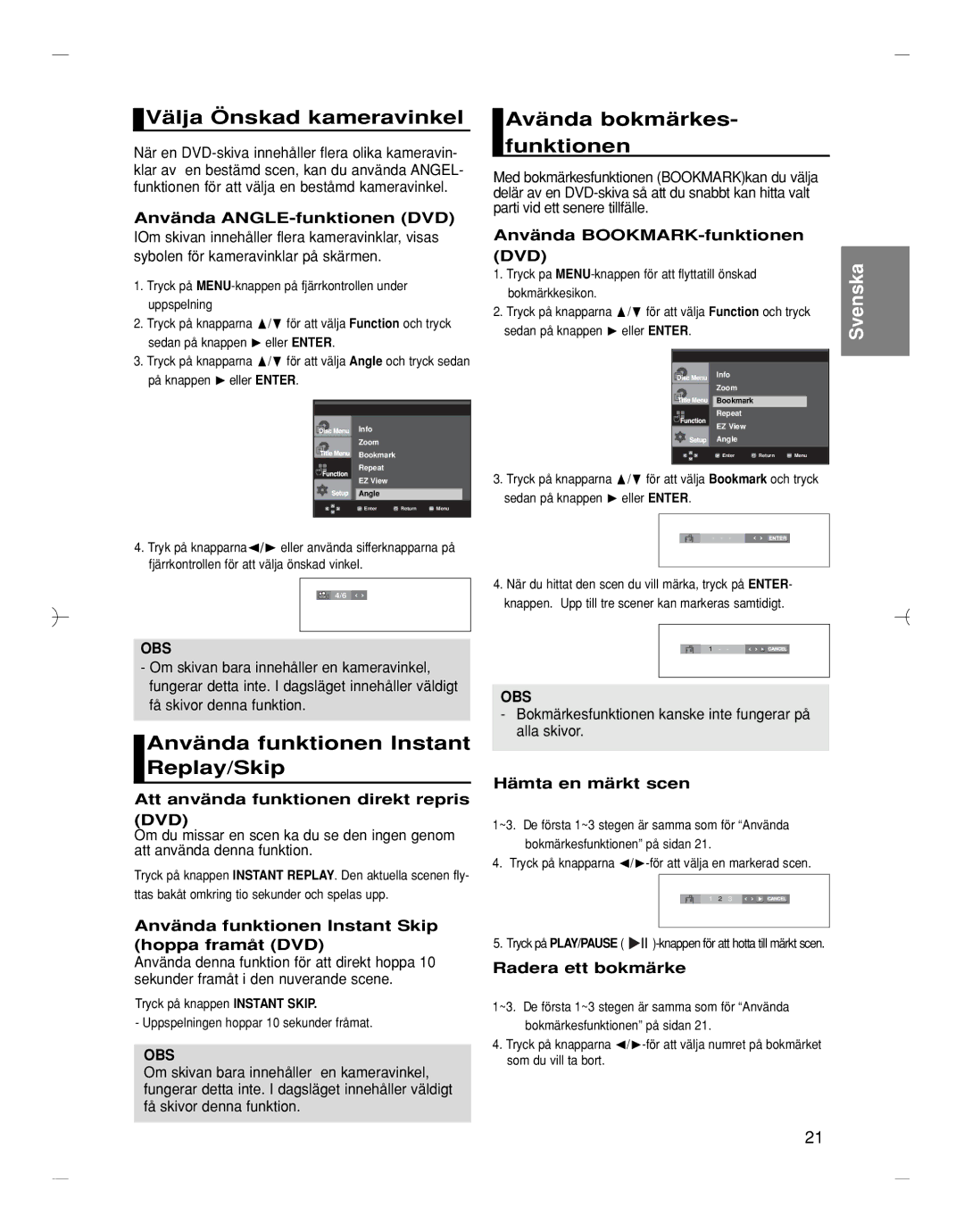 Samsung DVD-HD870/XEE Välja Önskad kameravinkel, Avända bokmärkes- funktionen, Använda funktionen Instant Replay/Skip 