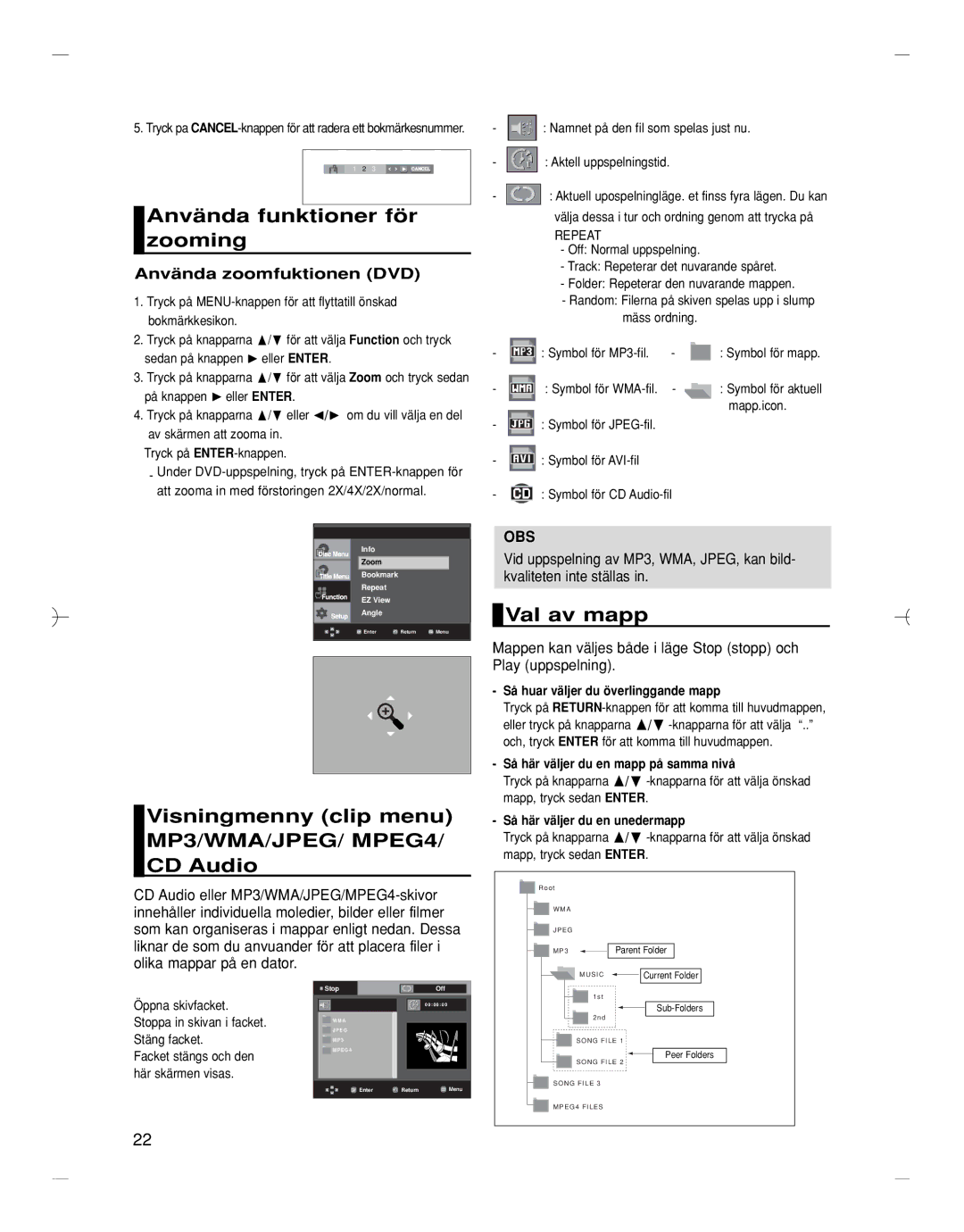 Samsung DVD-HD870/XEE Använda funktioner för zooming, Visningmenny clip menu MP3/WMA/JPEG/ MPEG4/ CD Audio, Val av mapp 