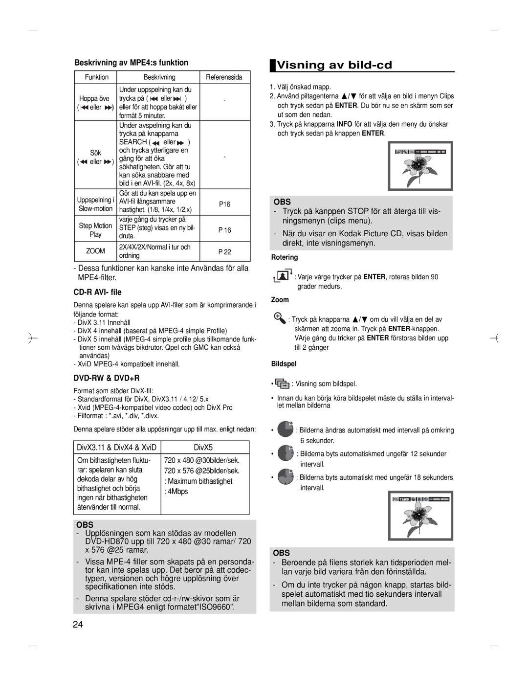 Samsung DVD-HD870/XEE manual Visning av bild-cd, Beskrivning av MPE4s funktion, CD-R AVI- file, Dvd-Rw & Dvd+R, Bildspel 