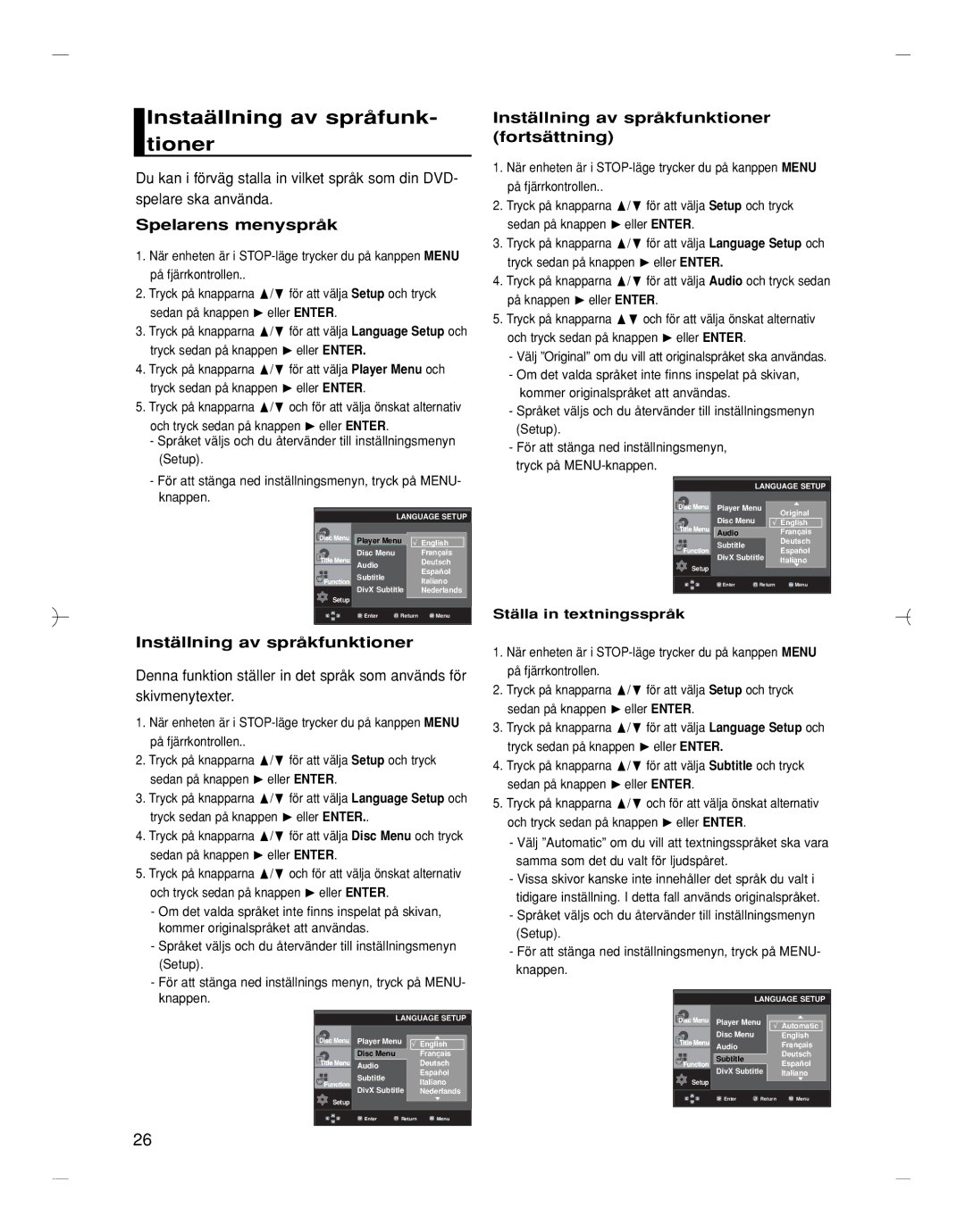 Samsung DVD-HD870/XEE manual Instaällning av språfunk- tioner, Spelarens menyspråk, Inställning av språkfunktioner 