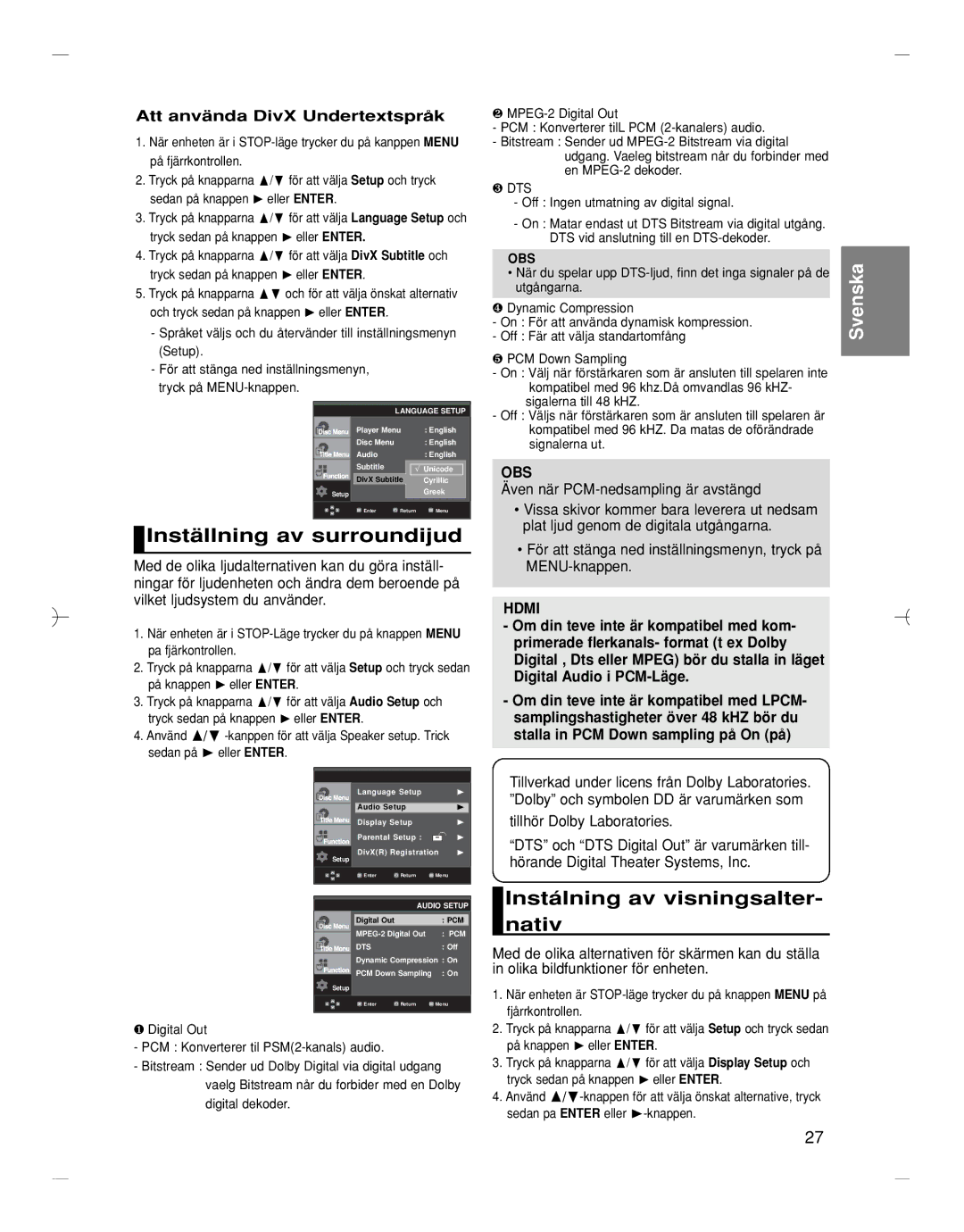 Samsung DVD-HD870/XEE Inställning av surroundijud, Instálning av visningsalter- nativ, Att använda DivX Undertextspråk 