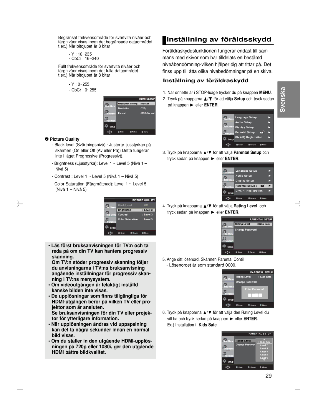 Samsung DVD-HD870/XEE manual Inställning av föräldsskydd, Inställning av föräldraskydd, Ex. Installation i Kids Safe 