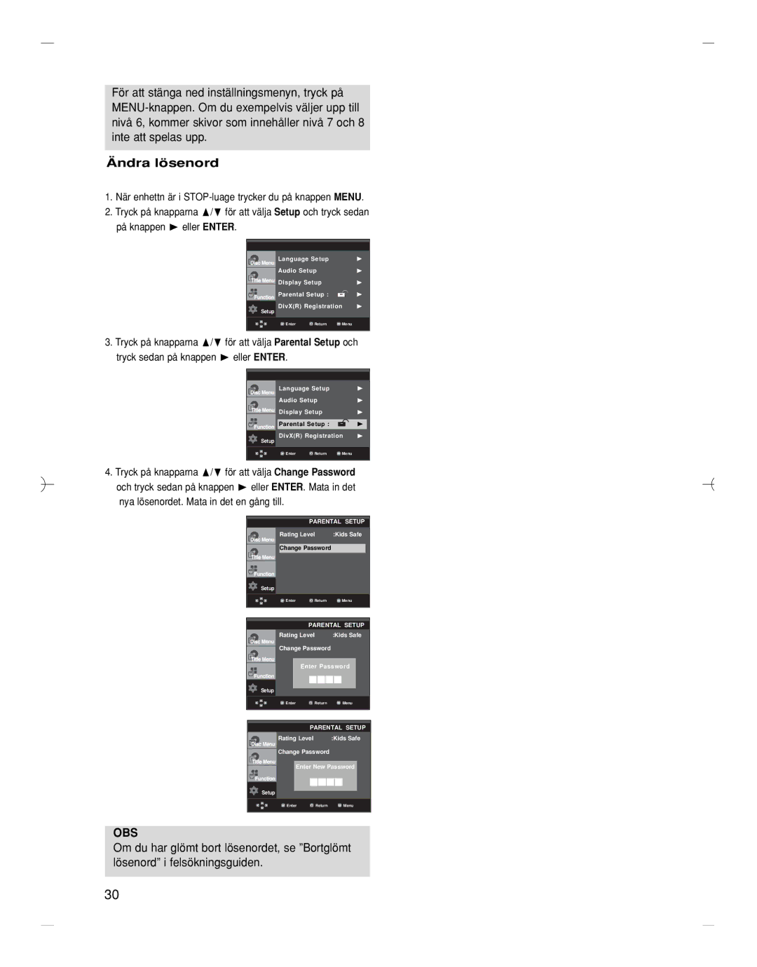 Samsung DVD-HD870/XEE manual Ändra lösenord, Obs 