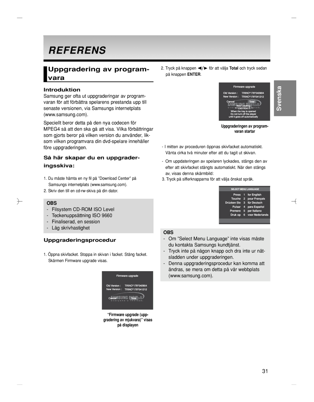 Samsung DVD-HD870/XEE manual Referens, Uppgradering av program- vara, Introduktion, Så här skapar du en uppgrader Ingsskiva 