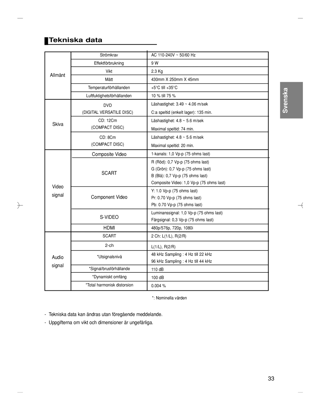 Samsung DVD-HD870/XEE manual Tekniska data 