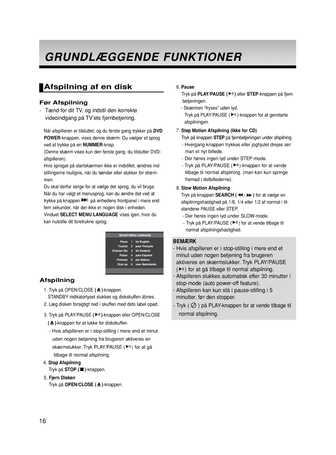 Samsung DVD-HD870/XEE manual Grundlæggende Funktioner, Afspilning af en disk, Før Afspilning 