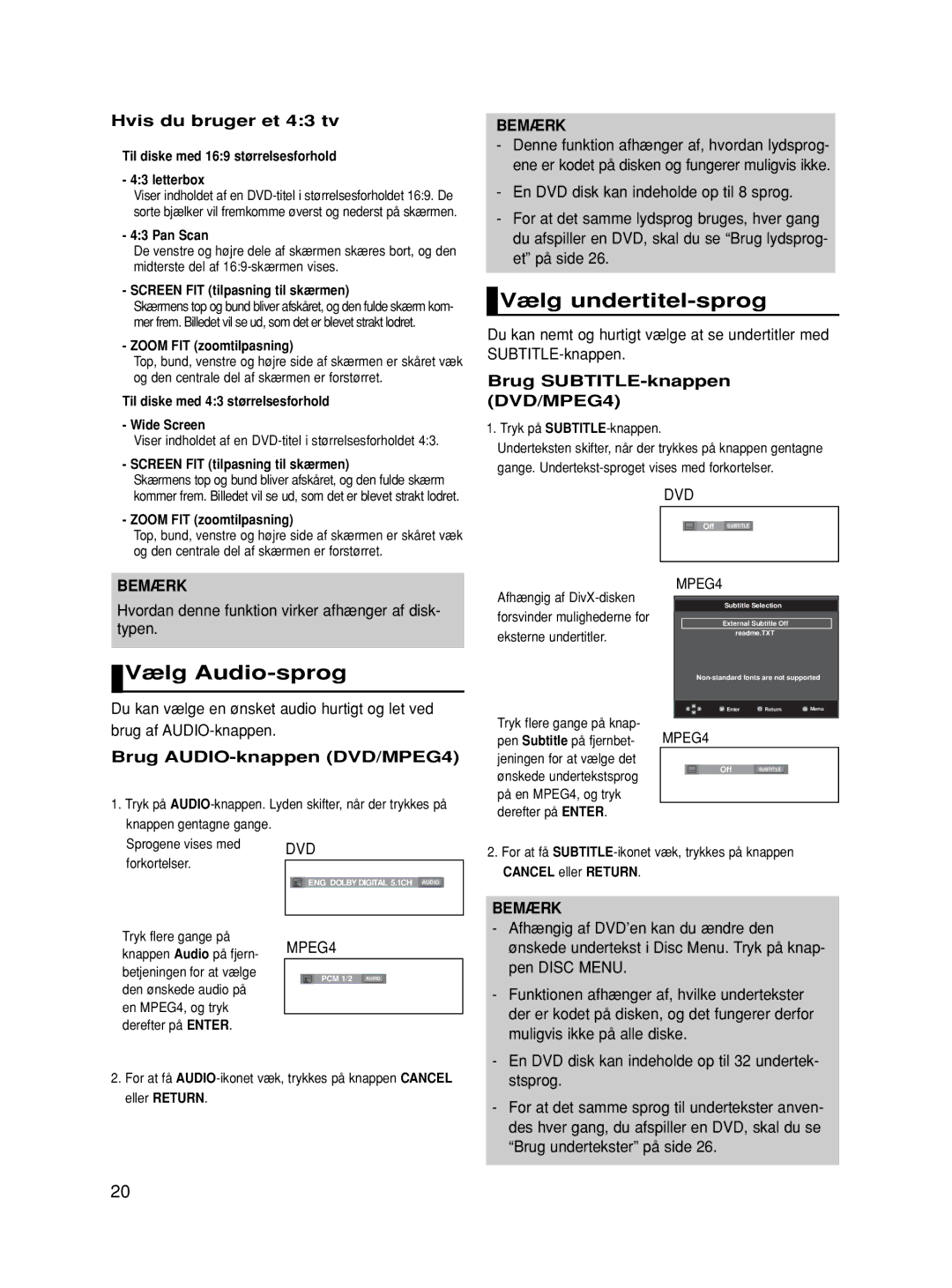 Samsung DVD-HD870/XEE Vælg undertitel-sprog, Vælg Audio-sprog, Hvis du bruger et 43 tv, Brug SUBTITLE-knappen DVD/MPEG4 