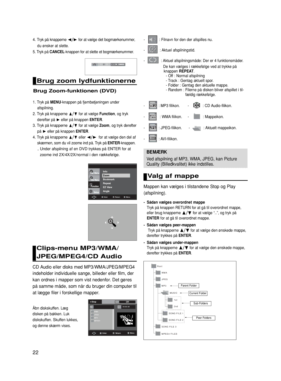 Samsung DVD-HD870/XEE manual Brug zoom lydfunktionerne, Clips-menu MP3/WMA/ JPEG/MPEG4/CD Audio, Valg af mappe 