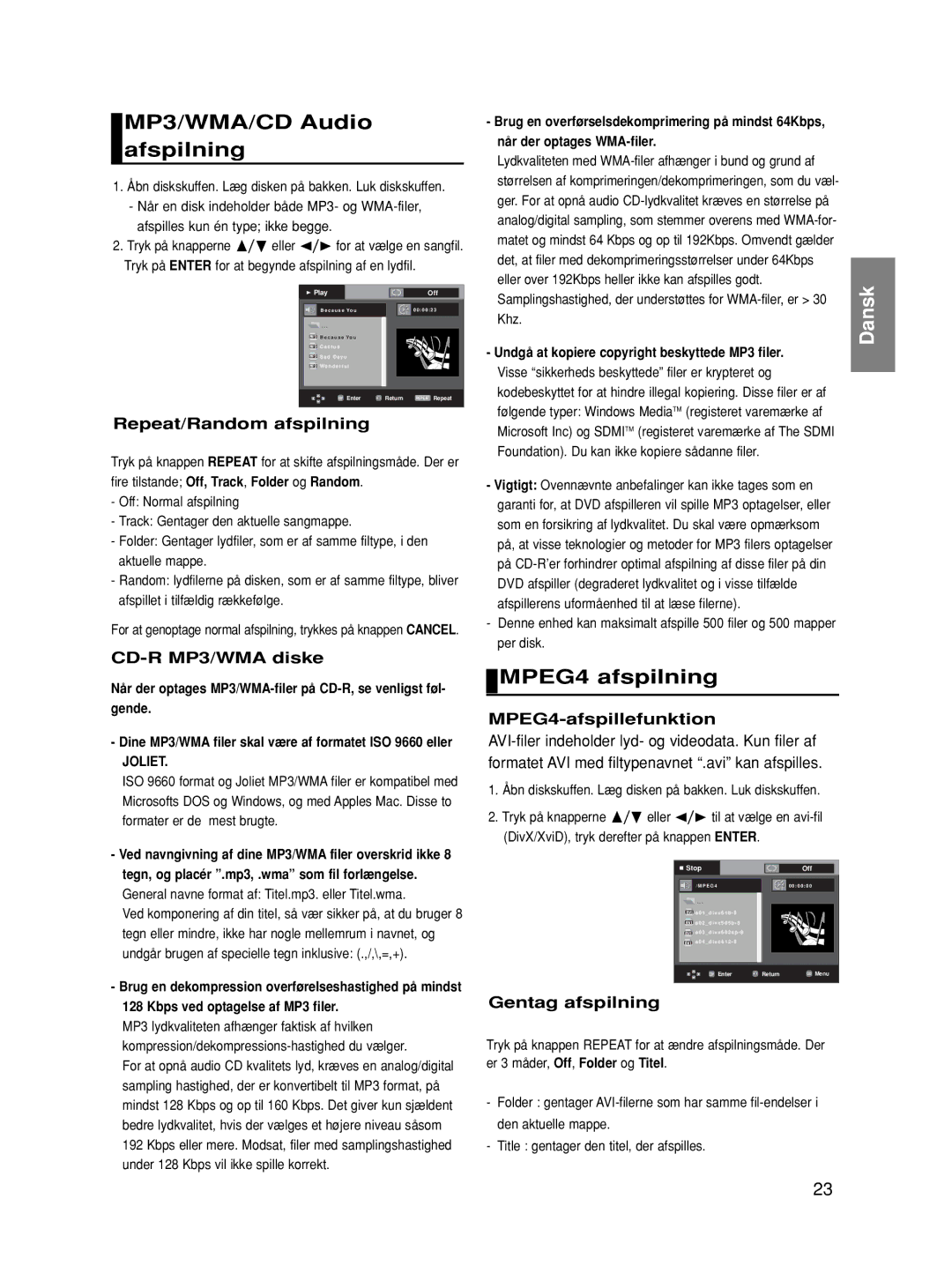 Samsung DVD-HD870/XEE manual MP3/WMA/CD Audio afspilning, MPEG4 afspilning 