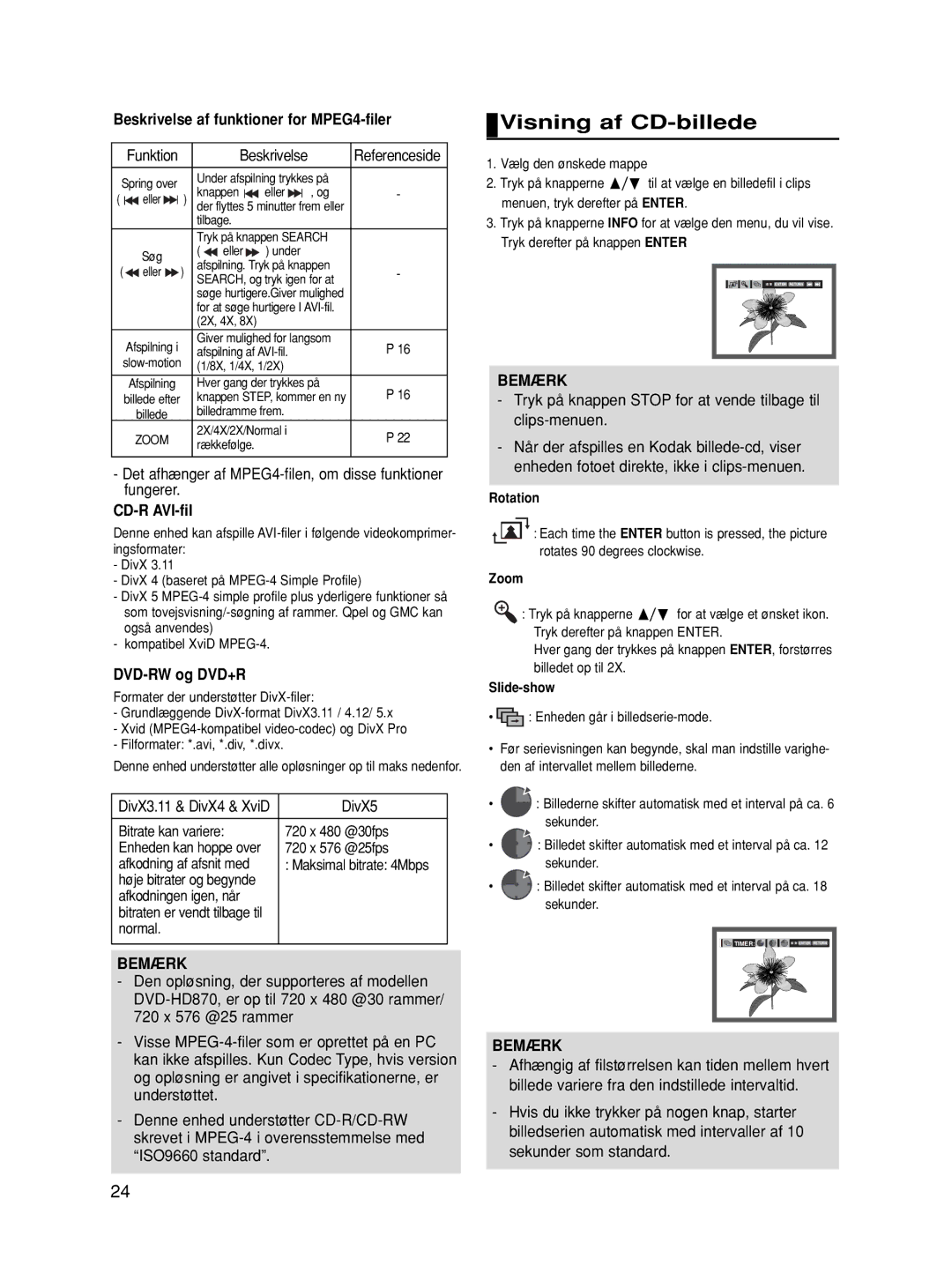 Samsung DVD-HD870/XEE Visning af CD-billede, Beskrivelse af funktioner for MPEG4-filer, CD-R AVI-fil, DVD-RW og DVD+R 