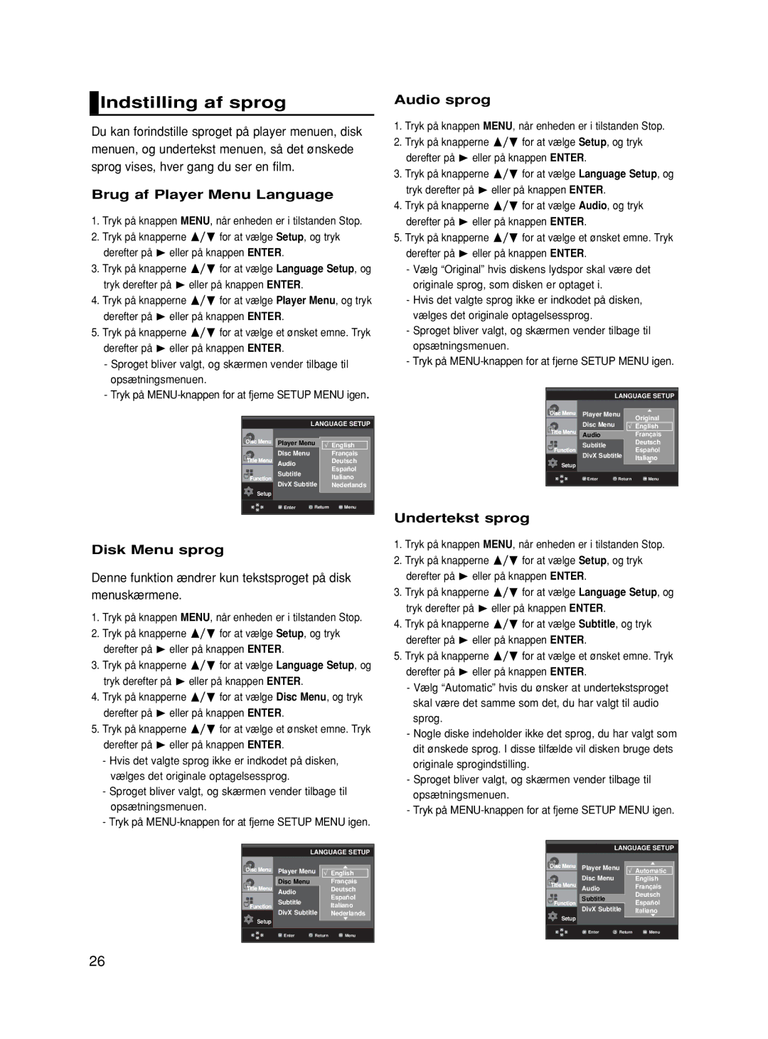 Samsung DVD-HD870/XEE Indstilling af sprog, Brug af Player Menu Language, Disk Menu sprog, Audio sprog, Undertekst sprog 