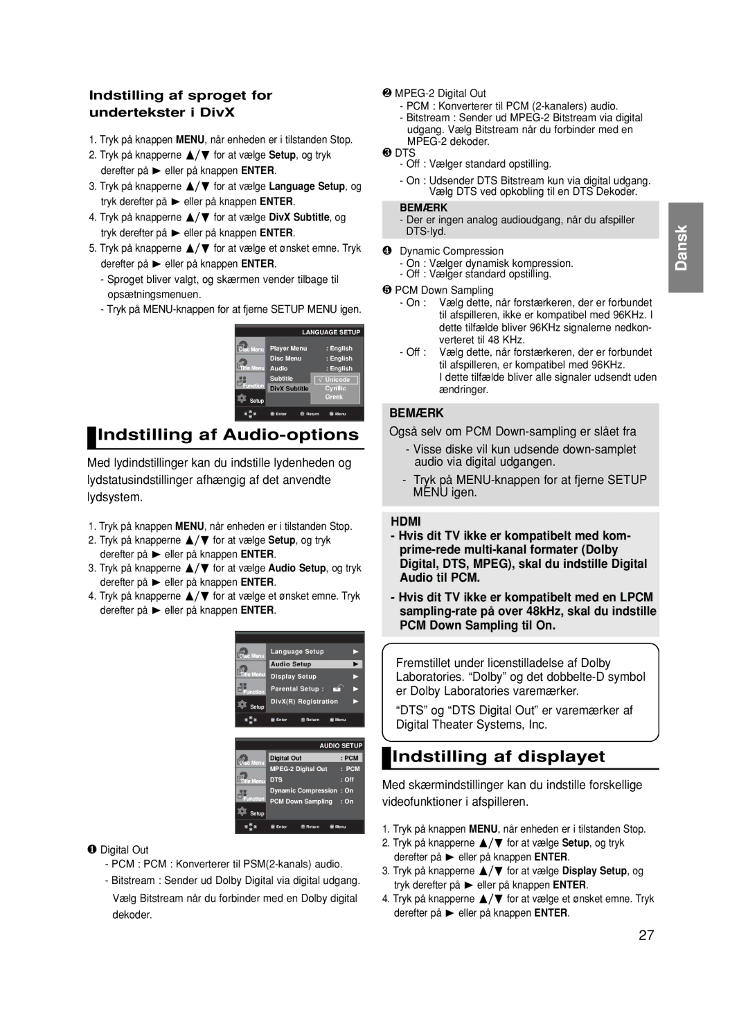 Samsung DVD-HD870/XEE manual Indstilling af Audio-options, Indstilling af displayet, Hdmi 