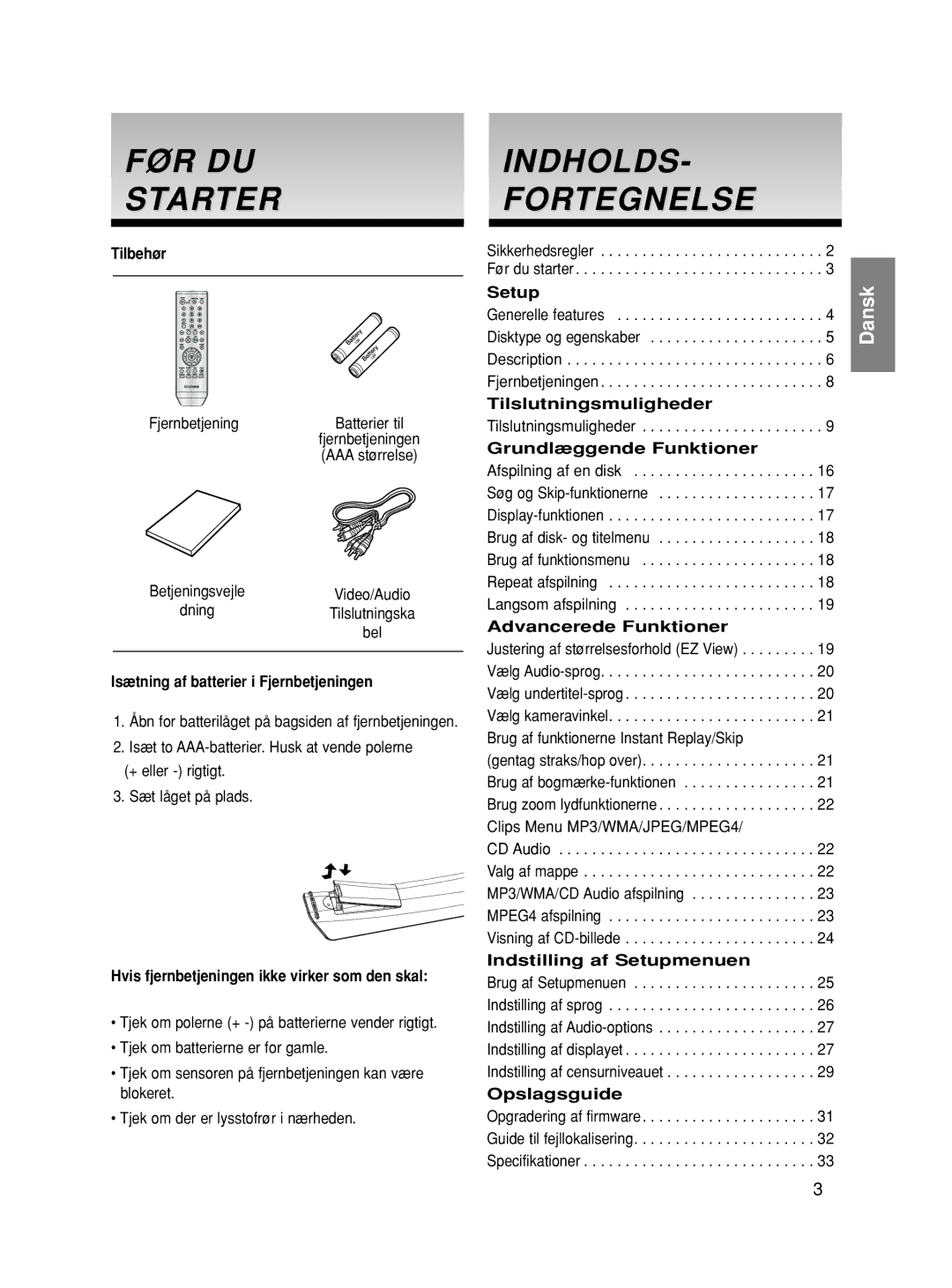 Samsung DVD-HD870/XEE manual FØR DU Starter, Indholds Fortegnelse 