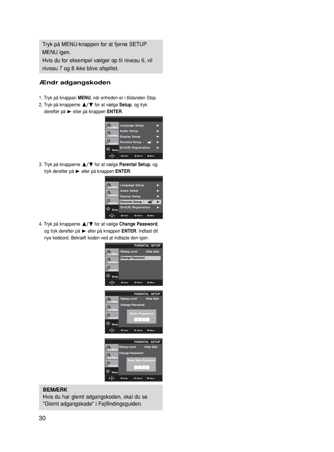 Samsung DVD-HD870/XEE manual Ændr adgangskoden, Bemærk 