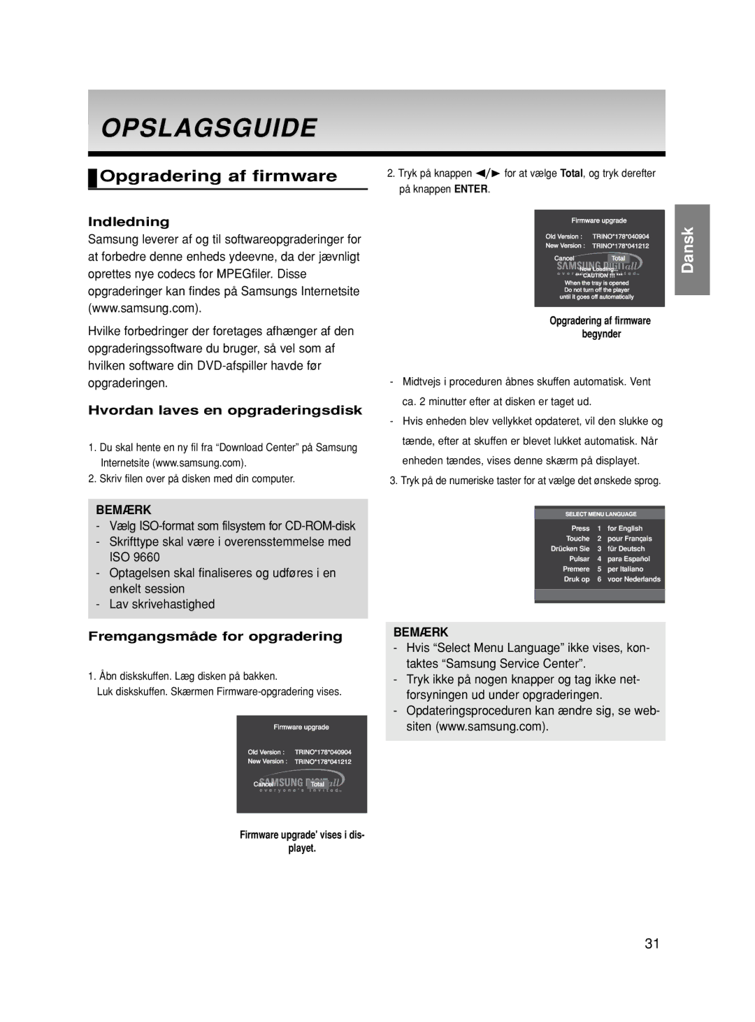 Samsung DVD-HD870/XEE manual Opslagsguide, Opgradering af firmware, Indledning, Hvordan laves en opgraderingsdisk 