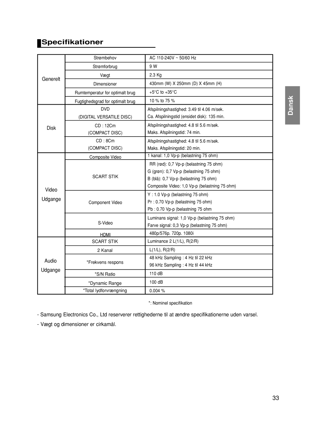 Samsung DVD-HD870/XEE manual Specifikationer, Vægt og dimensioner er cirkamål 