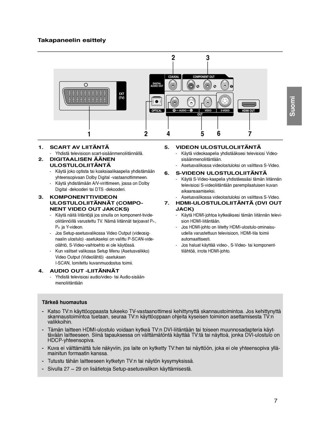 Samsung DVD-HD870/XEE manual Takapaneelin esittely, Tärkeä huomautus 