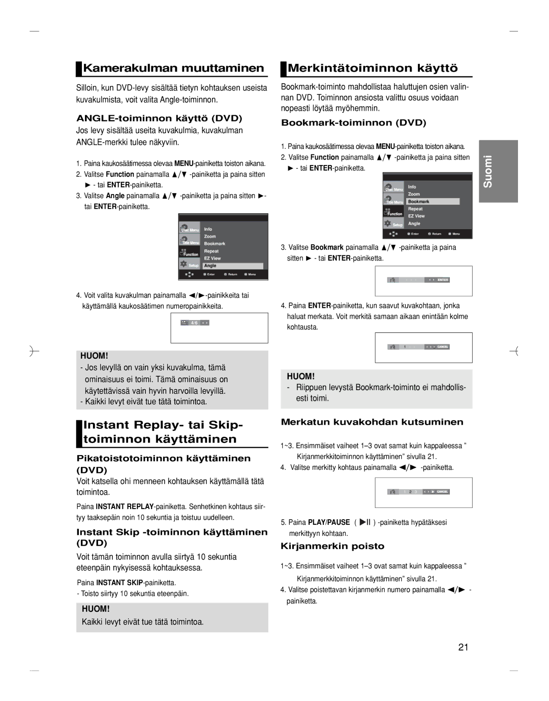 Samsung DVD-HD870/XEE Kamerakulman muuttaminen, Merkintätoiminnon käyttö, Instant Replay- tai Skip- toiminnon käyttäminen 