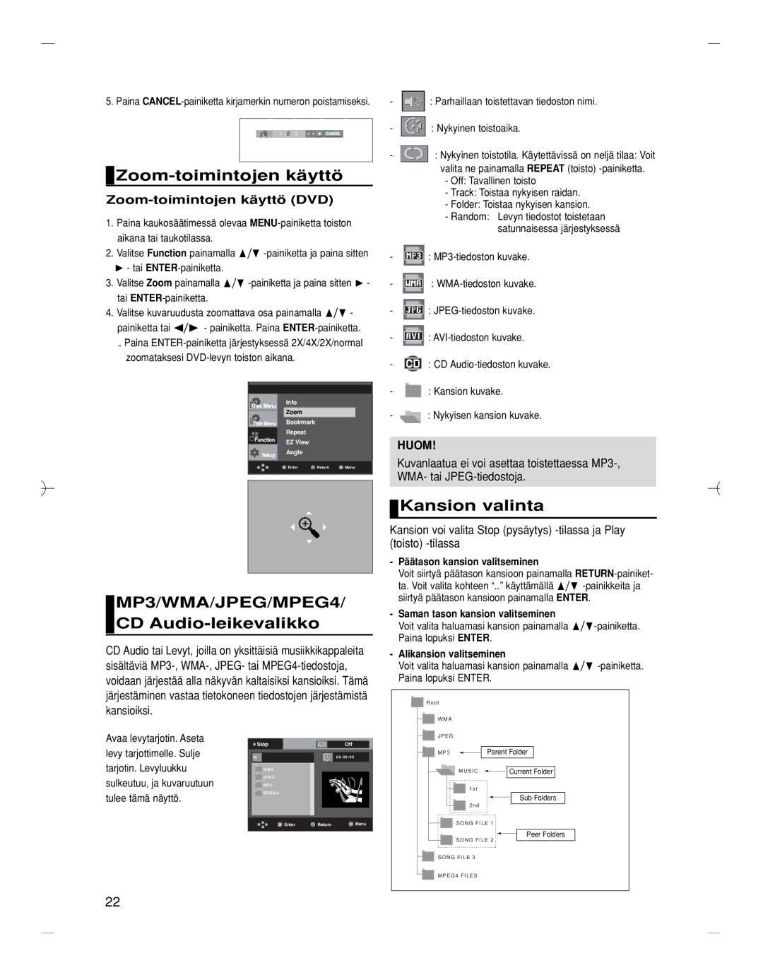 Samsung DVD-HD870/XEE manual Zoom-toimintojen käyttö, MP3/WMA/JPEG/MPEG4/ CD Audio-leikevalikko Kansion valinta 