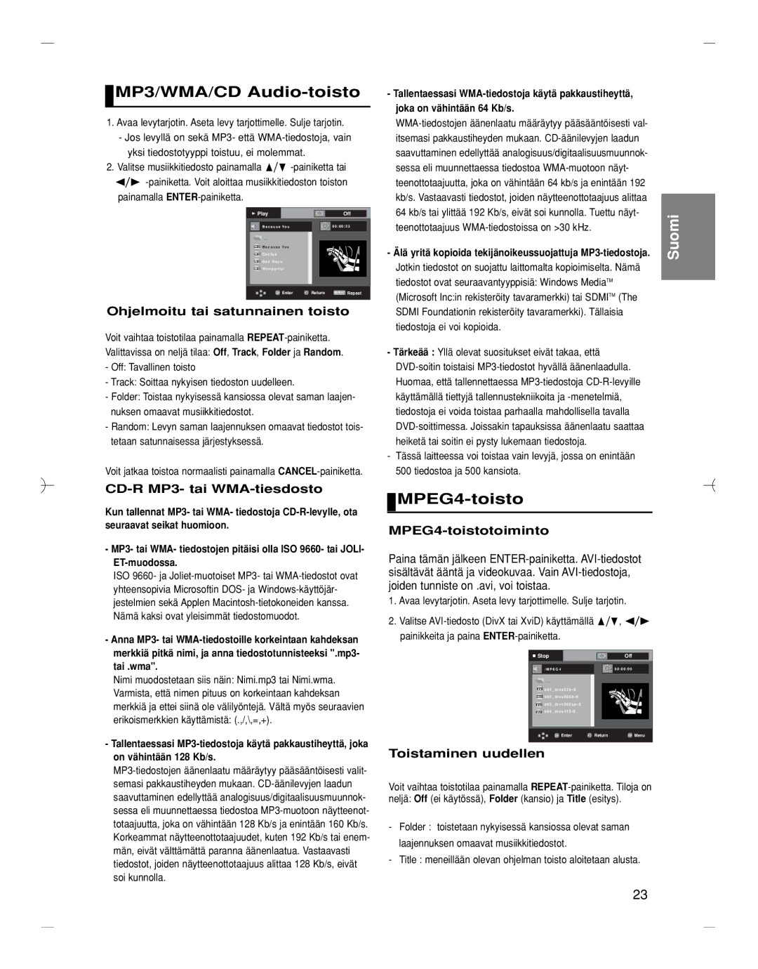 Samsung DVD-HD870/XEE manual MP3/WMA/CD Audio-toisto, MPEG4-toisto 