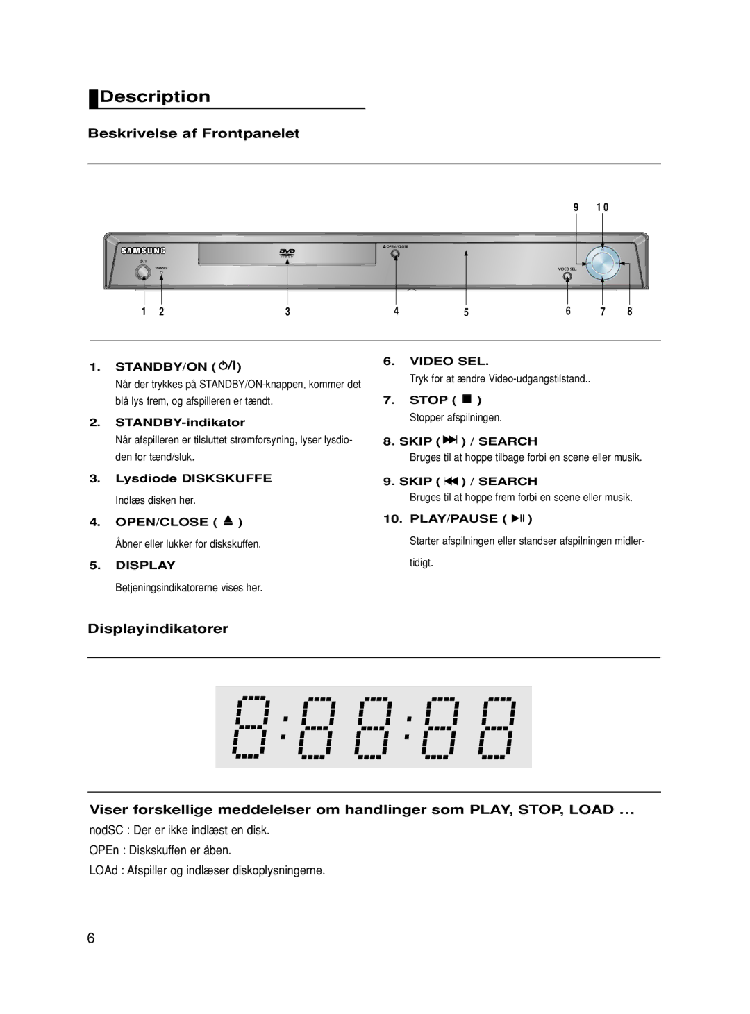 Samsung DVD-HD870/XEE manual Description, Beskrivelse af Frontpanelet, Video SEL 