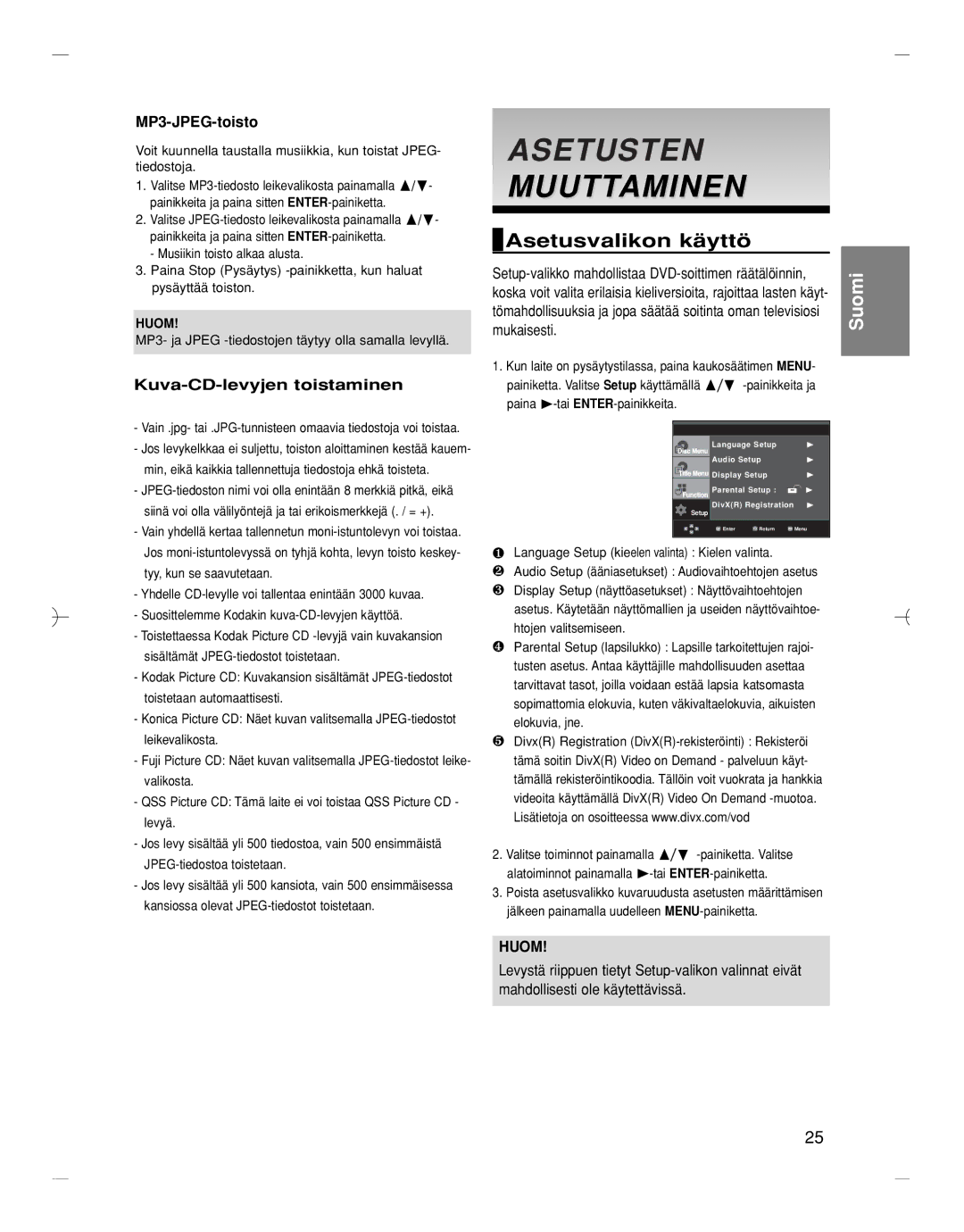 Samsung DVD-HD870/XEE Asetusten Muuttaminen, Asetusvalikon käyttö, MP3-JPEG-toisto, Kuva-CD-levyjen toistaminen, Huom 