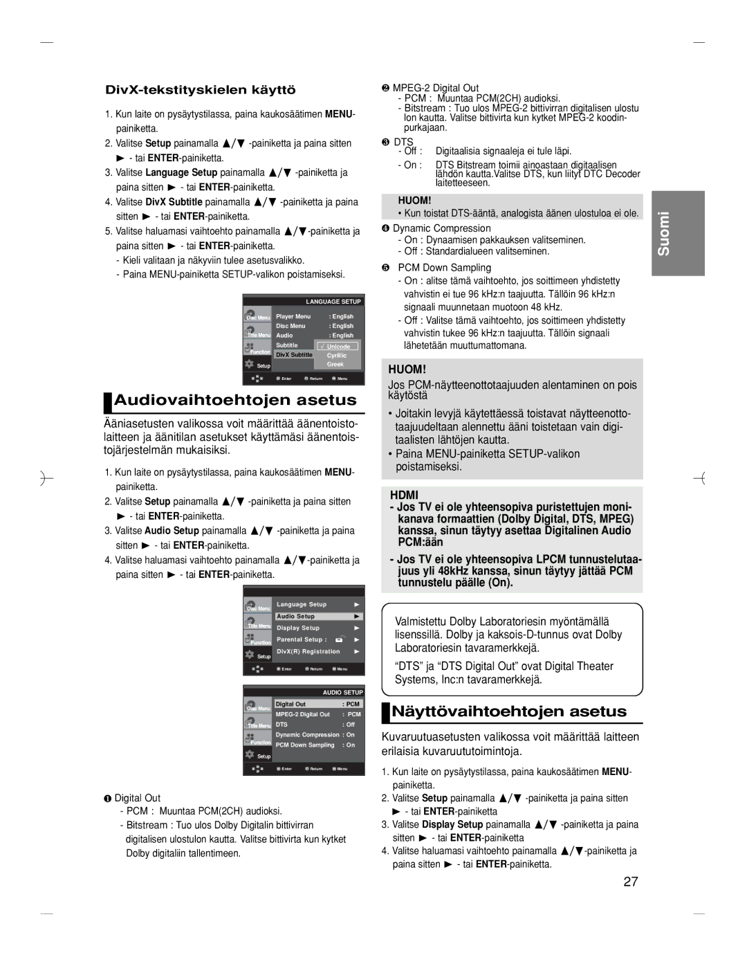 Samsung DVD-HD870/XEE manual Audiovaihtoehtojen asetus, Näyttövaihtoehtojen asetus, DivX-tekstityskielen käyttö 