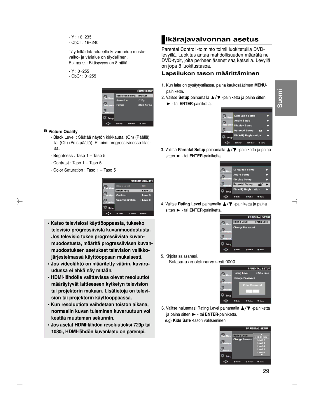 Samsung DVD-HD870/XEE manual Ikärajavalvonnan asetus, Lapsilukon tason määrittäminen 