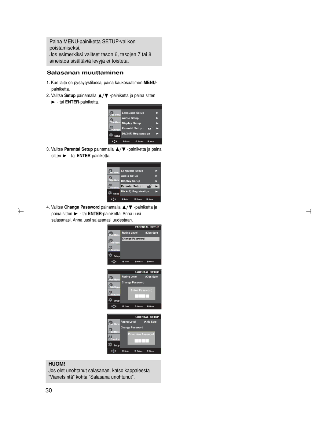 Samsung DVD-HD870/XEE manual Salasanan muuttaminen, Huom 