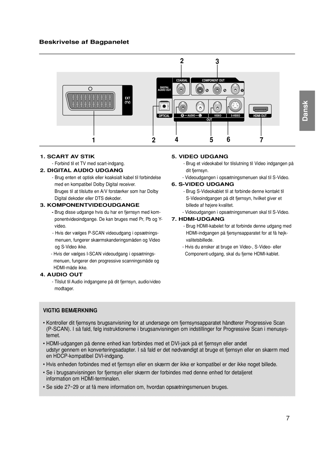 Samsung DVD-HD870/XEE manual Beskrivelse af Bagpanelet, Vigtig Bemærkning 