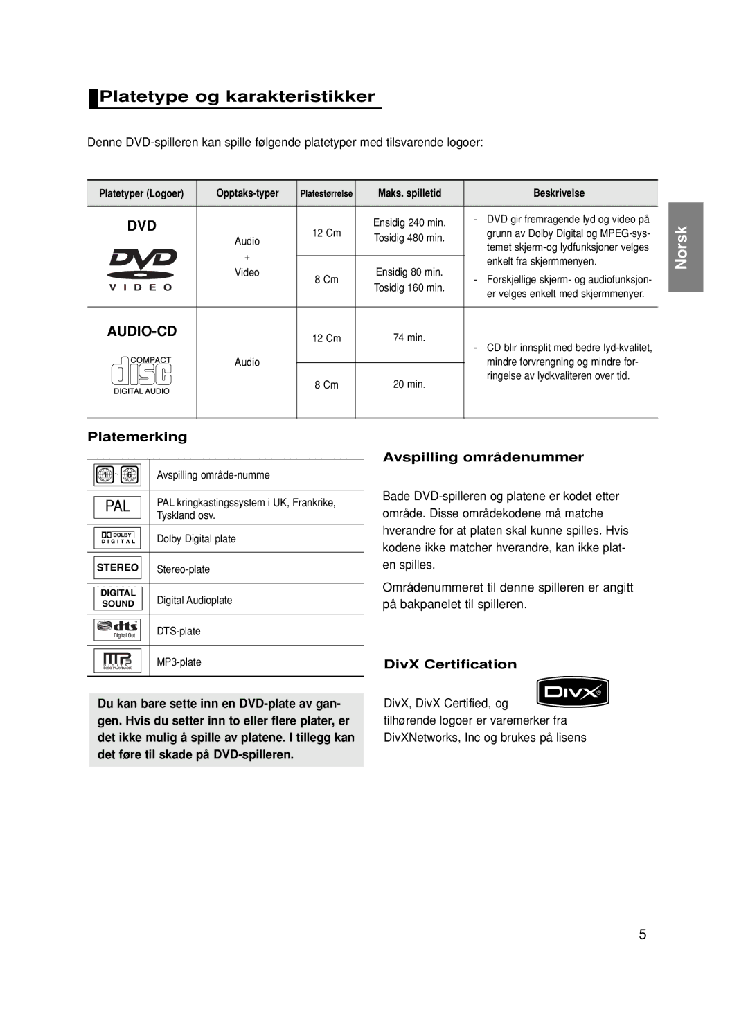 Samsung DVD-HD870/XEE manual Platetype og karakteristikker 