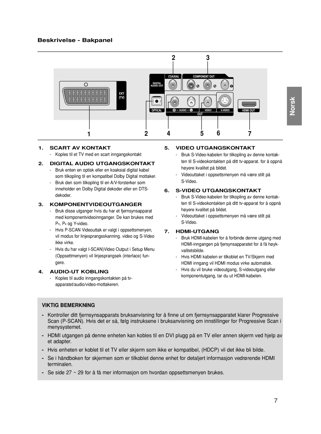 Samsung DVD-HD870/XEE manual Beskrivelse Bakpanel, Viktig Bemerkning 