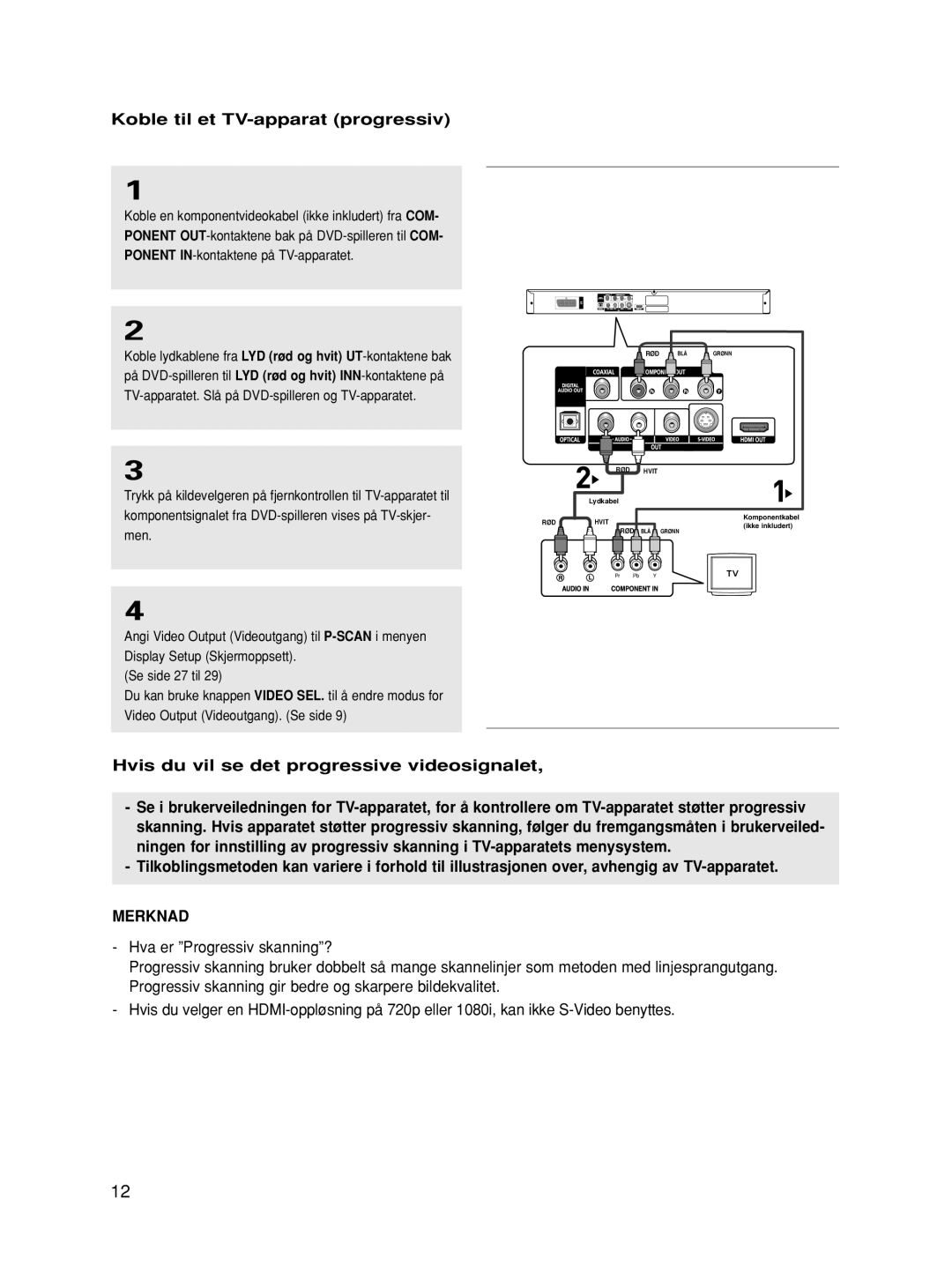 Samsung DVD-HD870/XEE manual Koble til et TV-apparat progressiv, Hvis du vil se det progressive videosignalet 